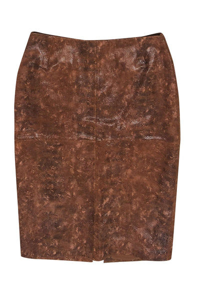 Current Boutique-Lafayette 148 - Brown Leather Snakeskin Print Pencil Skirt Sz 6