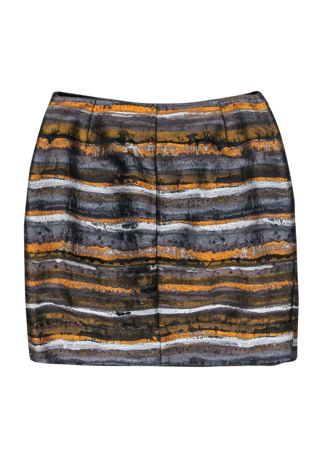 Current Boutique-Lafayette 148 - Brown & Orange Metallic Striped Midi Skirt Sz 8