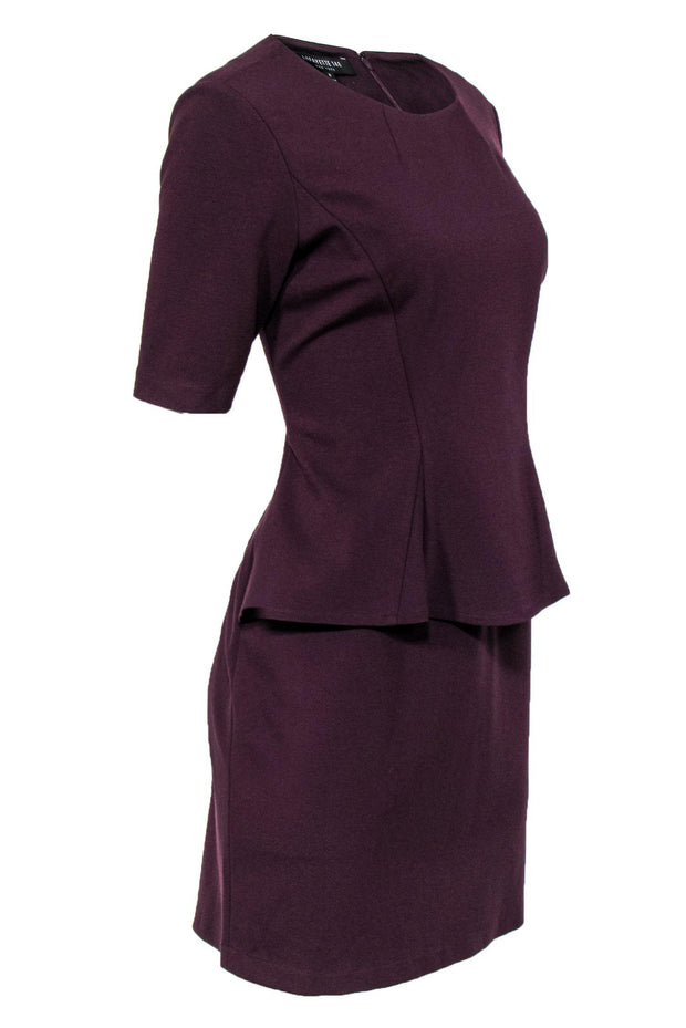 Current Boutique-Lafayette 148 - Burgundy Short Sleeve Sheath Dress w/ Peplum Sz 8