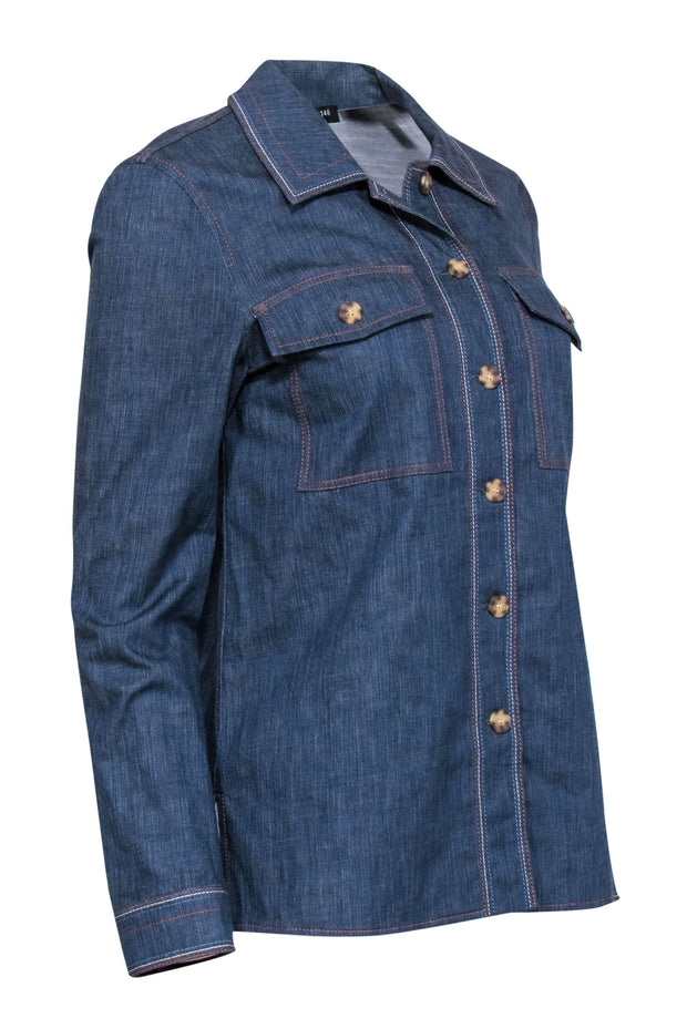 Current Boutique-Lafayette 148 - Chambray Long Sleeve Button Up w/ Contrast Stitching Sz S
