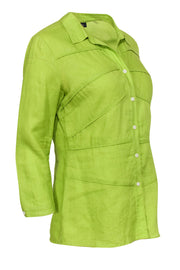 Current Boutique-Lafayette 148 - Chartreuse Linen Button-Up Long Sleeve Blouse Sz 6