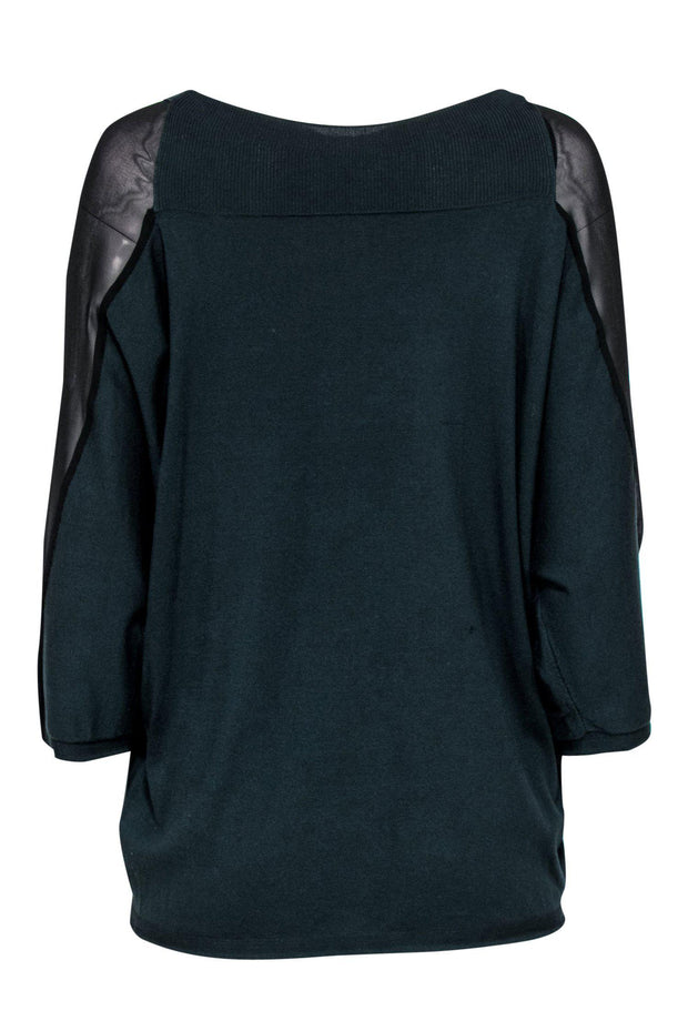 Current Boutique-Lafayette 148 - Dark Teal Silk Sweater w/ Black Sheer Sleeve Panels Sz XL