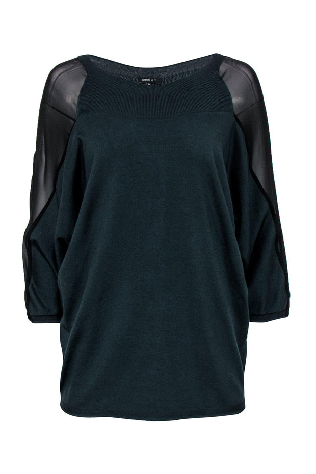 Current Boutique-Lafayette 148 - Dark Teal Silk Sweater w/ Black Sheer Sleeve Panels Sz XL