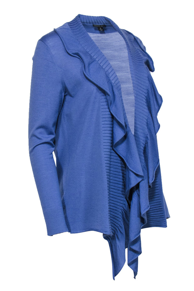 Current Boutique-Lafayette 148 - Deep Periwinkle Open Front Ruffled Wool Cardigan Sz M