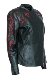 Current Boutique-Lafayette 148 - Forest Green Floral Embroidered Zip-Up Leather Jacket Sz 10