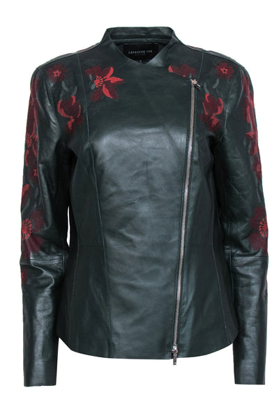 Current Boutique-Lafayette 148 - Forest Green Floral Embroidered Zip-Up Leather Jacket Sz 10