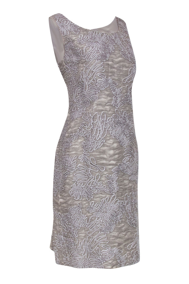Current Boutique-Lafayette 148 - Grey Sleeveless Squiggle Pattern Sheath Dress Sz 12