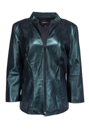 Current Boutique-Lafayette 148 - Metallic Green Leather Zip-Up Jacket Sz 16
