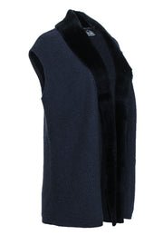 Current Boutique-Lafayette 148 - Navy Cashmere Open Sweater Vest w/ Shearling & Suede Trim Sz L