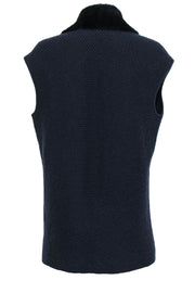 Current Boutique-Lafayette 148 - Navy Cashmere Open Sweater Vest w/ Shearling & Suede Trim Sz L