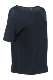 Current Boutique-Lafayette 148 - Navy Ribbed Cotton & Silk Wide Neck Sweater Sz M
