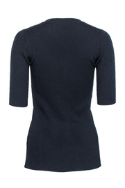 Current Boutique-Lafayette 148 - Navy Ribbed Knit Short Sleeve Top Sz P