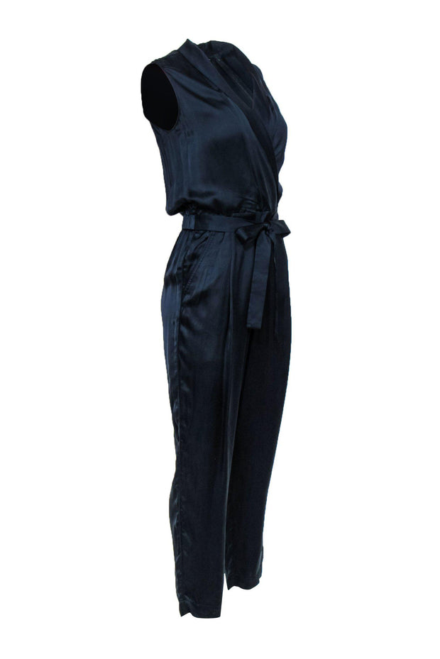 Current Boutique-Lafayette 148 - Navy Silk Satin Belted Slim Jumpsuit Sz P