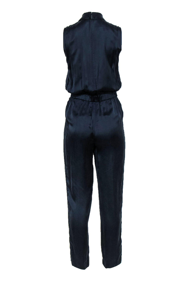 Current Boutique-Lafayette 148 - Navy Silk Satin Belted Slim Jumpsuit Sz P