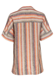 Current Boutique-Lafayette 148 - Orange & Tan Linen Striped Button-Down Gradient Blouse Sz S