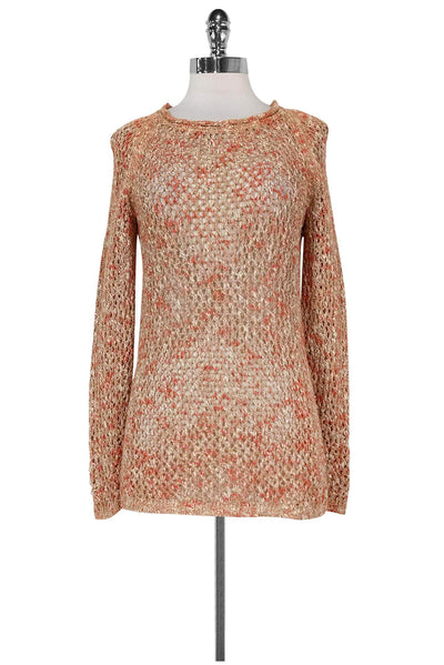 Current Boutique-Lafayette 148 - Orange, White & Tan Open Knit Sweater Sz S