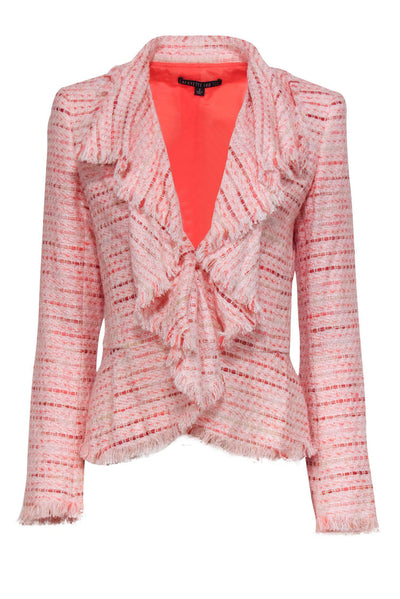 Current Boutique-Lafayette 148 - Pink Tweed Open Front Fringe Blazer Sz 2