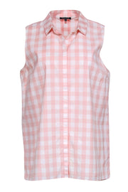 Current Boutique-Lafayette 148 - Pink & White Gingham Sleeveless Collared Shirt Sz L