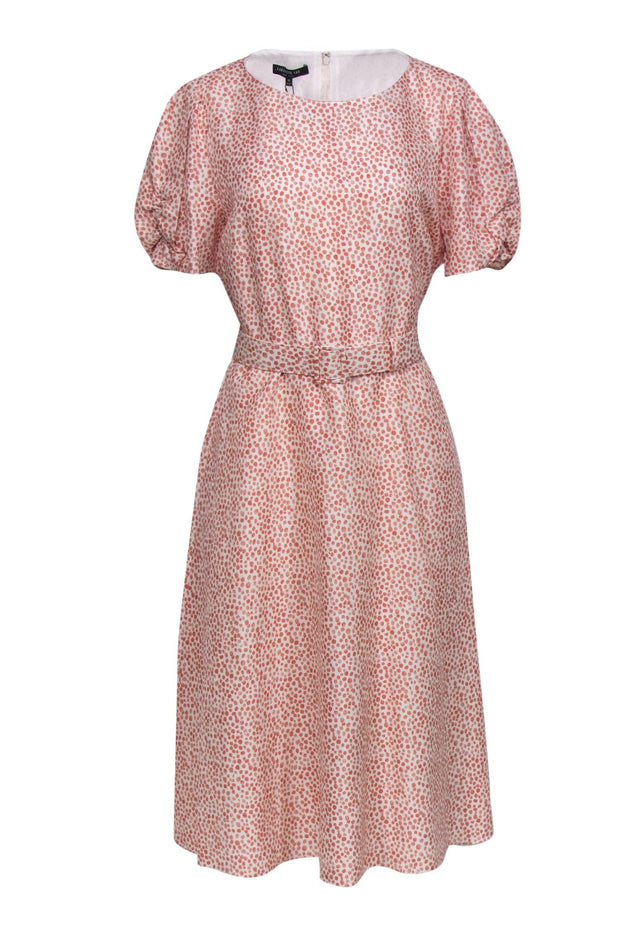 Current Boutique-Lafayette 148 - Pink & White Spotted Puff Sleeve Belted Silk Midi Dress Sz 12