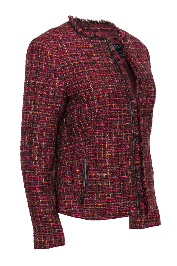 Current Boutique-Lafayette 148 - Red & Pink Marbled Tweed Fringed Jacket Sz 8P