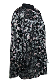 Current Boutique-Lafayette 148 - Sheer Black Button Down Blouse w/ Velvet Floral Print Sz XL