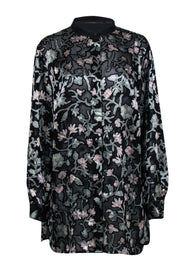 Current Boutique-Lafayette 148 - Sheer Black Button Down Blouse w/ Velvet Floral Print Sz XL