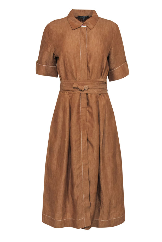 Current Boutique-Lafayette 148 - Tan Linen Button-Up Midi Dress w/ Belt Sz M