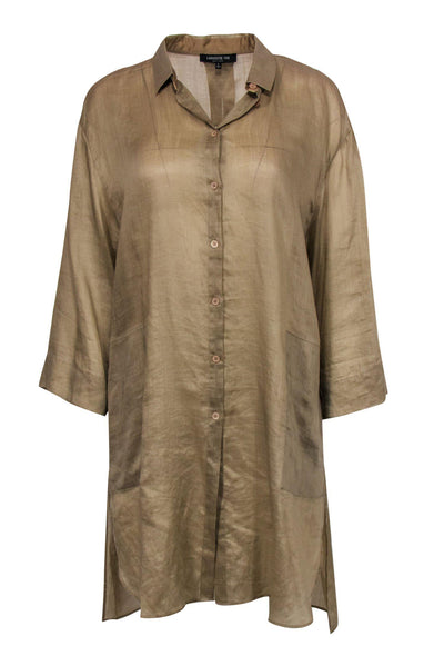 Current Boutique-Lafayette 148 - Taupe Button-Up Collared Tunic Sz L