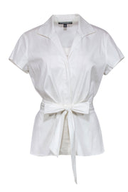 Current Boutique-Lafayette 148 - White Cotton Blend Tie Waist Peplum Blouse Sz 10