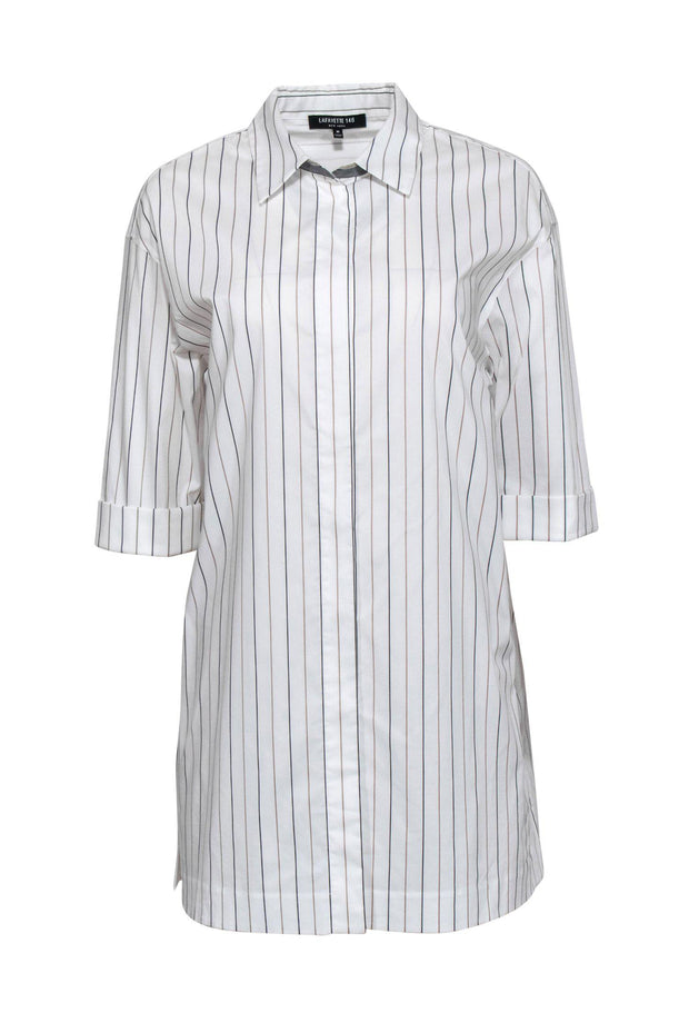 Current Boutique-Lafayette 148 - White Striped Collared Short Sleeve Cotton Dress Sz M