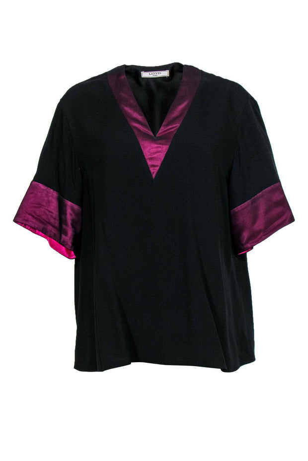 Current Boutique-Lanvin - Black Short Sleeved Blouse w/ Fuchsia Banding Sz L