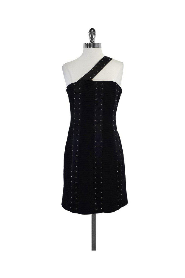 Current Boutique-Laundry by Shelli Segal - Black Pleated & Studded One Shoulder Dress Sz 6