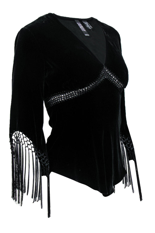 Current Boutique-Laundry by Shelli Segal - Black Velvet Fringe Top w/ Crochet Sz XS
