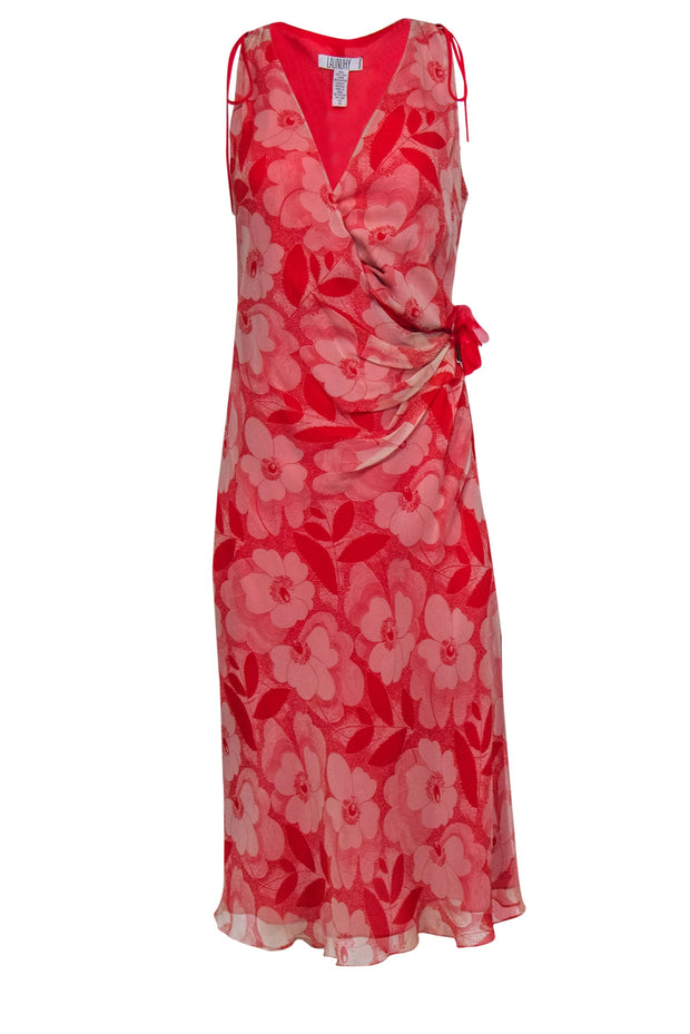 Current Boutique-Laundry by Shelli Segal - Red Floral Silk Printed Wrap Dress w/ Brooch & Fringe Sz 10
