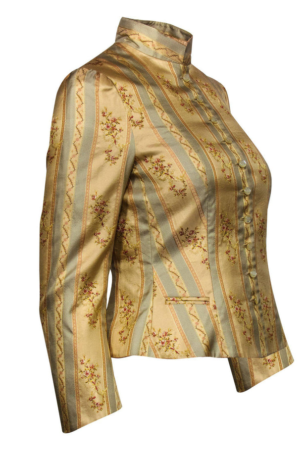 Current Boutique-Lauren Ralph Lauren - Beige Silk Floral Print & Striped Button-Up Blazer Sz P/S