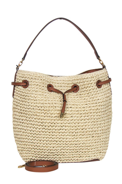 Current Boutique-Lauren Ralph Lauren - Beige Woven Drawstring Convertible Shoulder Bag w/ Leather Trim