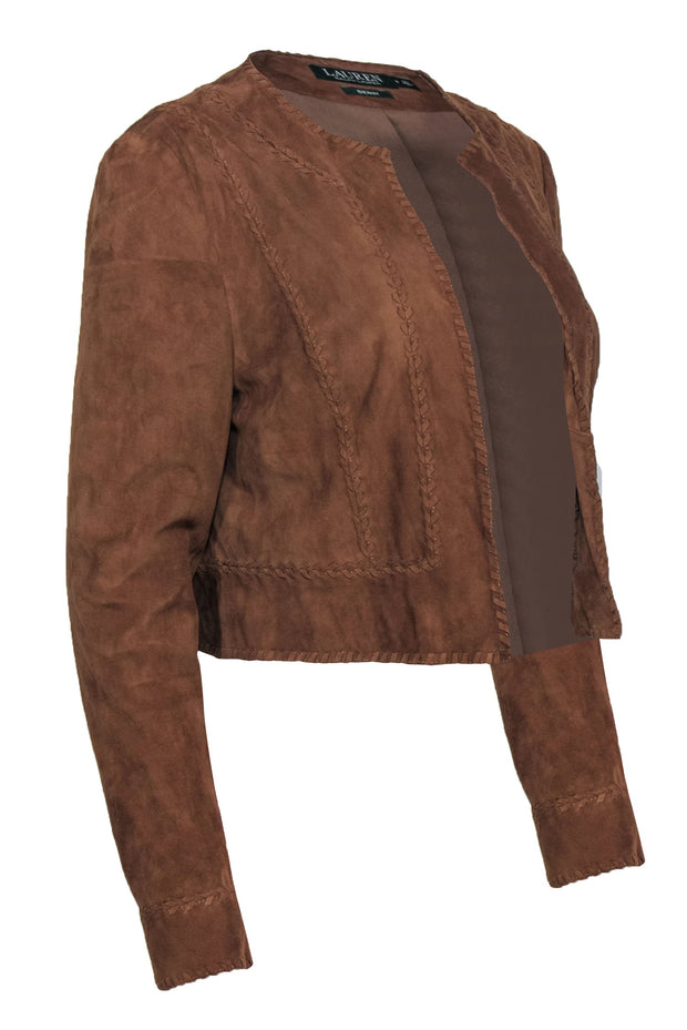 Current Boutique-Lauren Ralph Lauren - Brown Suede Open Front Cropped Jacket w/ Stitched Trim Sz 6
