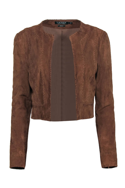 Current Boutique-Lauren Ralph Lauren - Brown Suede Open Front Cropped Jacket w/ Stitched Trim Sz 6