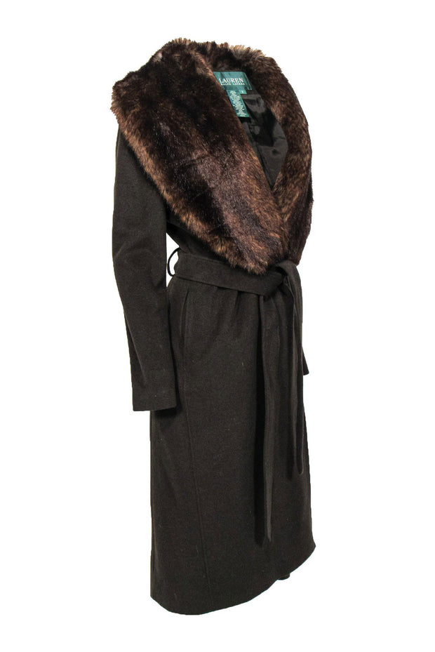 Current Boutique-Lauren Ralph Lauren - Chocolate Brown Belted Longline Wool Coat w/ Faux Fur Collar Sz S