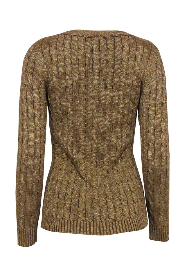 Current Boutique-Lauren Ralph Lauren - Gold Metallic Cable Knit Sweater w/ Buttons Sz MP