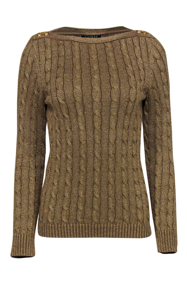 Current Boutique-Lauren Ralph Lauren - Gold Metallic Cable Knit Sweater w/ Buttons Sz MP