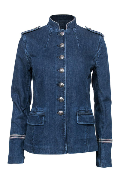 Current Boutique-Lauren Ralph Lauren - Medium Wash Button-Up Military-Style Denim Jacket w/ Silver Trim Sz 2