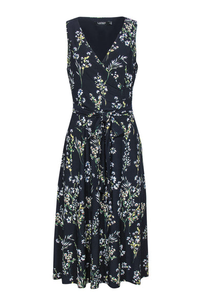 Current Boutique-Lauren Ralph Lauren - Navy Floral Draped-Front Midi Dress Sz 10