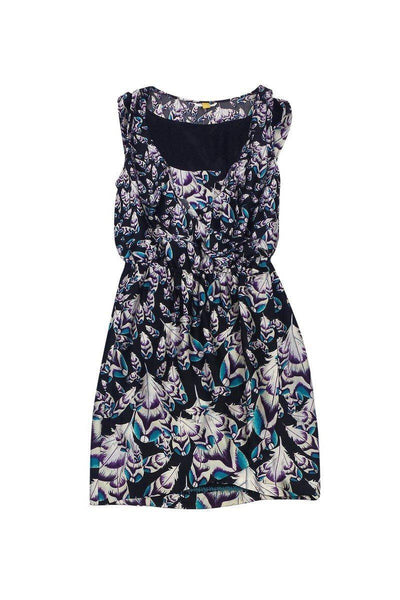 Current Boutique-Leifsdottir - Black, Purple & Aqua Feather Print Dress Sz 4