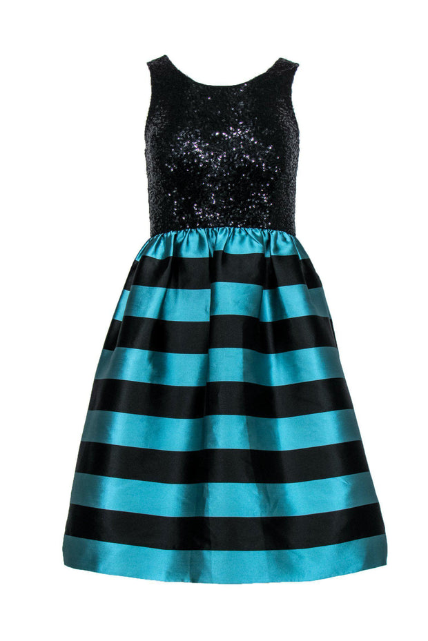 Current Boutique-Leifsdottir - Black Sequin & Turquoise Striped Cocktail Dress Sz 0