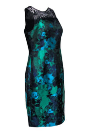 Current Boutique-Leifsdottir - Green, Blue & Purple Floral Satin Sheath Dress w/ Lace Trim Sz 10