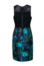 Current Boutique-Leifsdottir - Green, Blue & Purple Floral Satin Sheath Dress w/ Lace Trim Sz 10