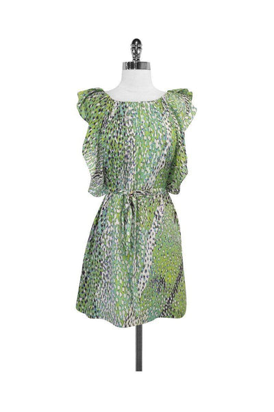 Current Boutique-Leifsdottir - Green Print Silk Flutter Sleeve Dress Sz 6