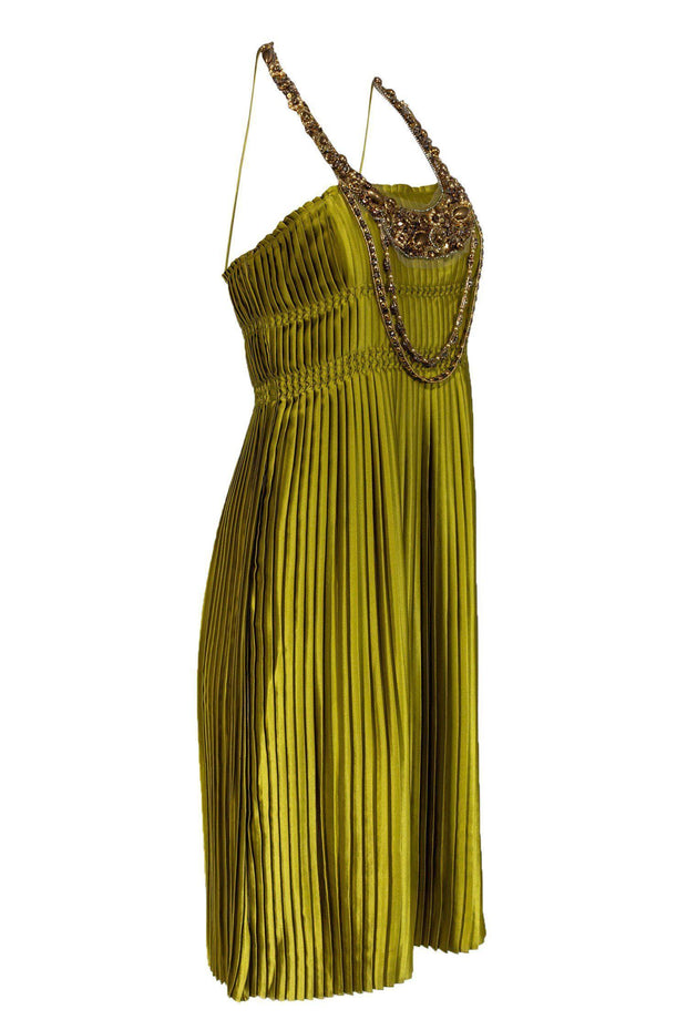 Current Boutique-Lela Rose - Chartreuse Green Satin Pleated Dress w/ Sequins Sz 8