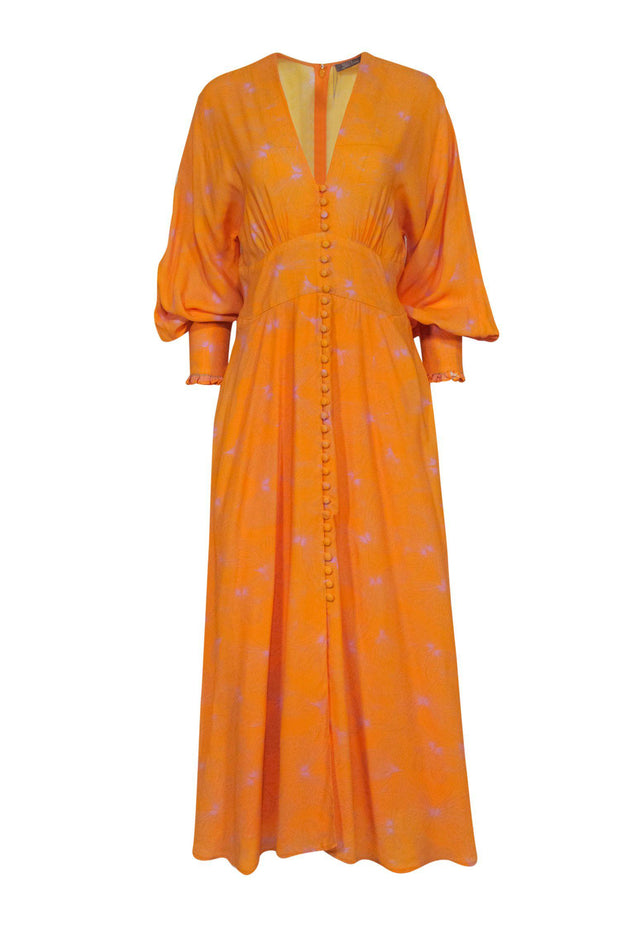 Current Boutique-Lela Rose - Mustard & Lilac Butterfly Print Long Sleeve Button-Up Maxi Dress Sz 6
